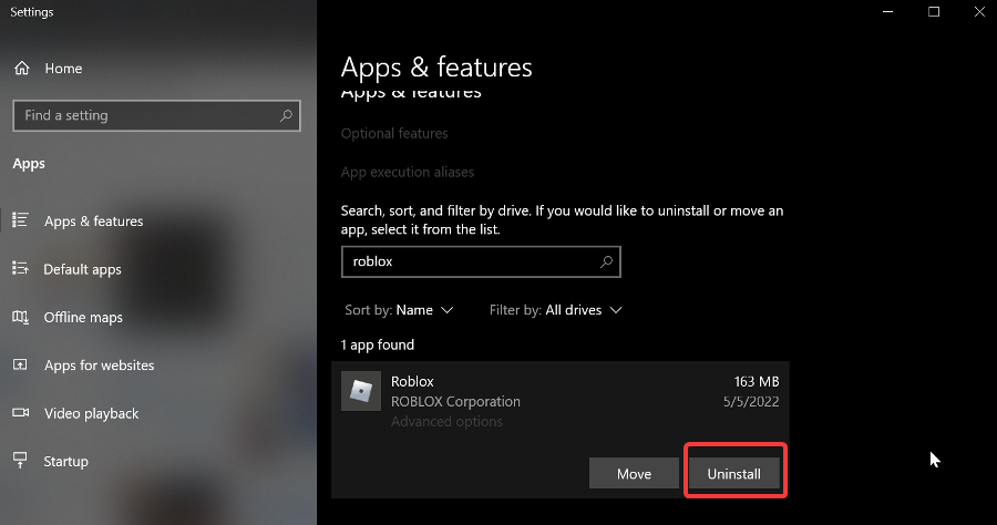 Xác định vị trí Roblox , chọn nó và sau đó nhấp vào nút Gỡ cài đặt