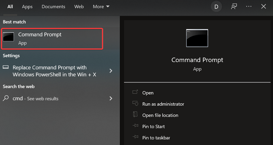 Nhập cmd vào thanh tác vụ và mở Dấu nhắc Lệnh